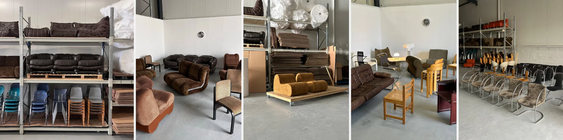 Views of the Frank's Market warehouse: vintage sofas, chairs and armchairs